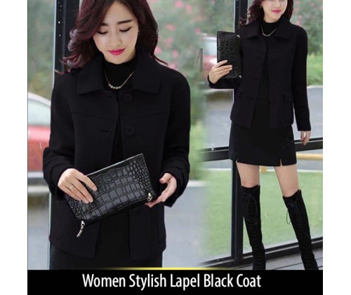 Women Stylish Lapel Black Coat